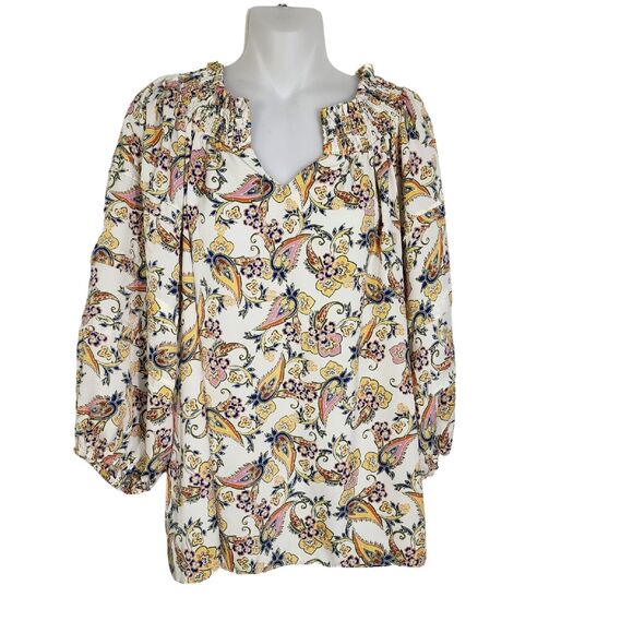 Rose + Olive Women's Top Blouse Size Medium Floral Paisley Pleated Tiered Sleeve - Picture 1 of 11